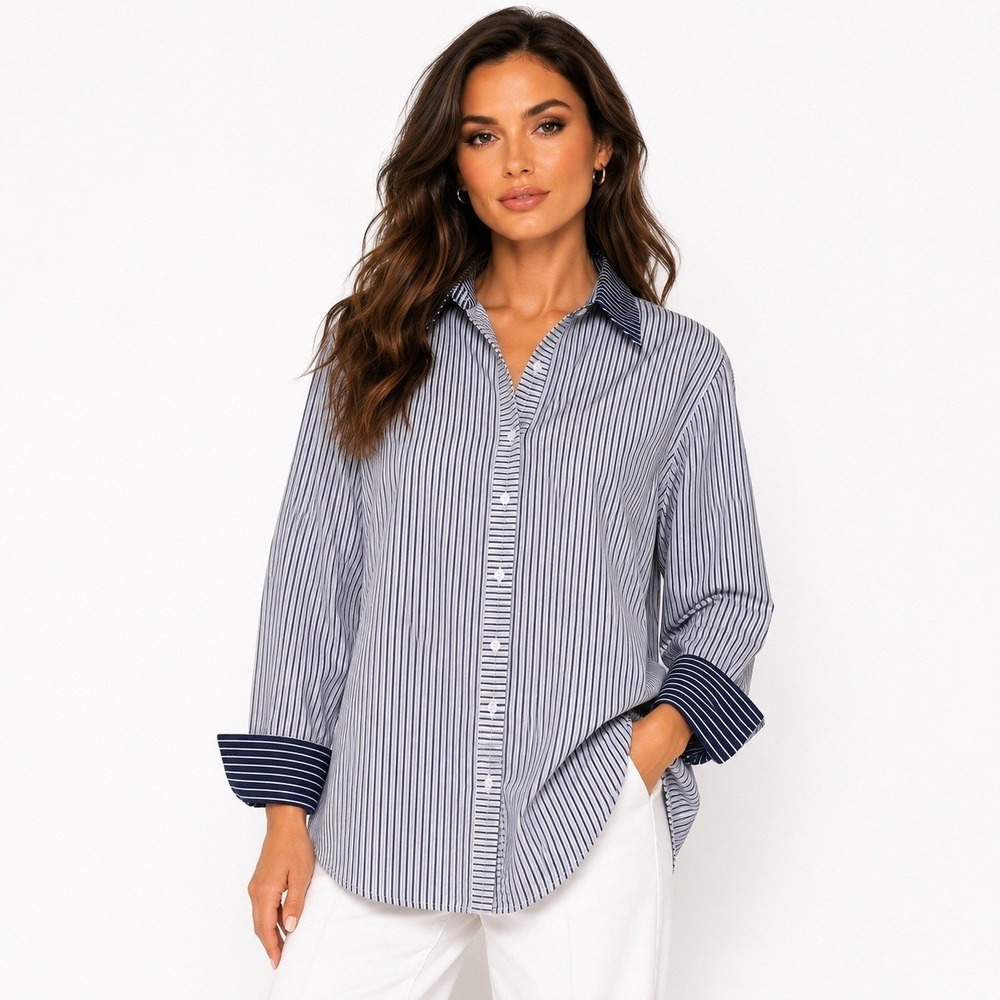 Skies Are Blue Nadya Cotton Button Down Shirt Navy Mixed Stripe Small NWT